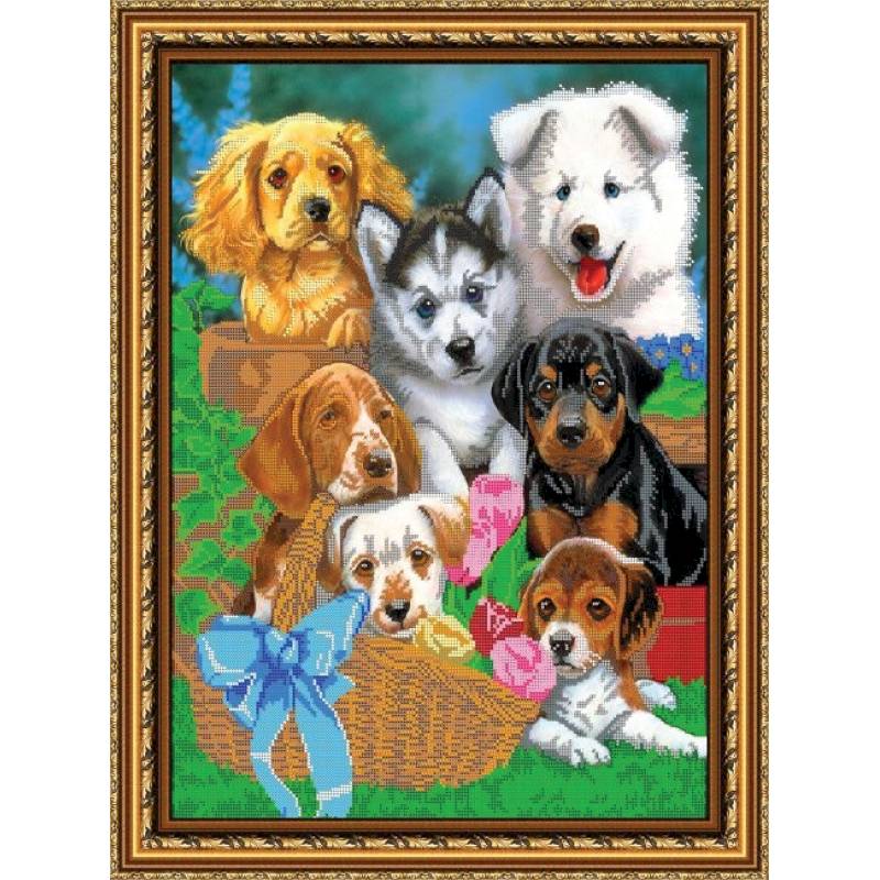 Набор для вышивания бисером №147 «Щеночки» бисер Чехия 37,2x49,7 см
