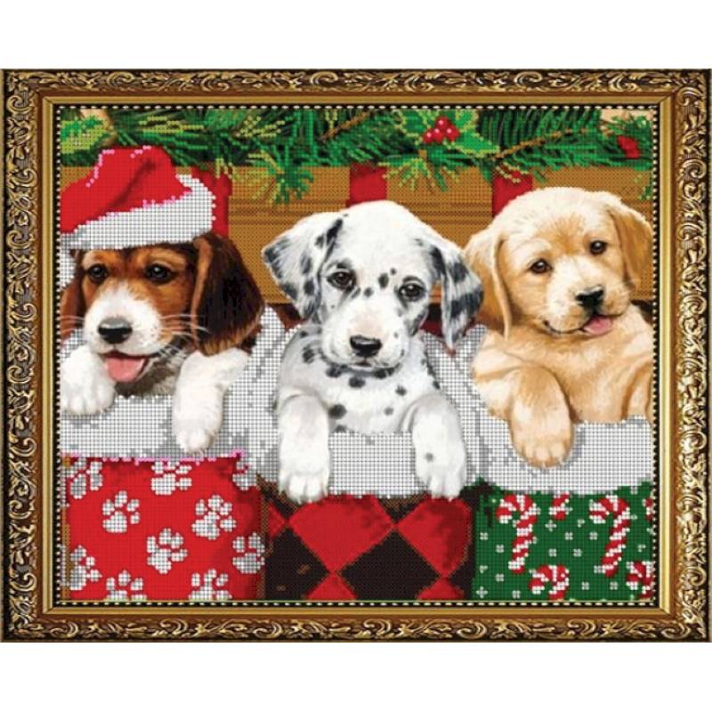 'Новогодние щенки' 30x24см набор для вышивания чешским бисером 'Вышивочка' ВЛ-039