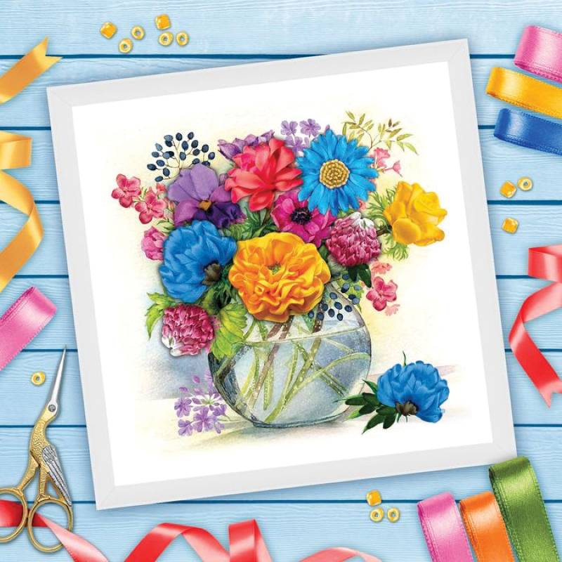 Вышивка лентами 'Ваза с цветами', 35x35 см